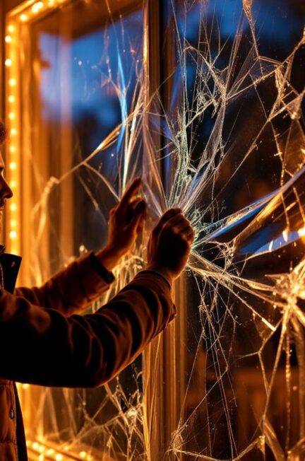 Propriétaire posant une bâche plastique sur une fenêtre cassée la nuit, scotchant le film depuis le perron, avec une lumière intérieure chaude et une lueur froide de la lune créant des ombres subtiles.