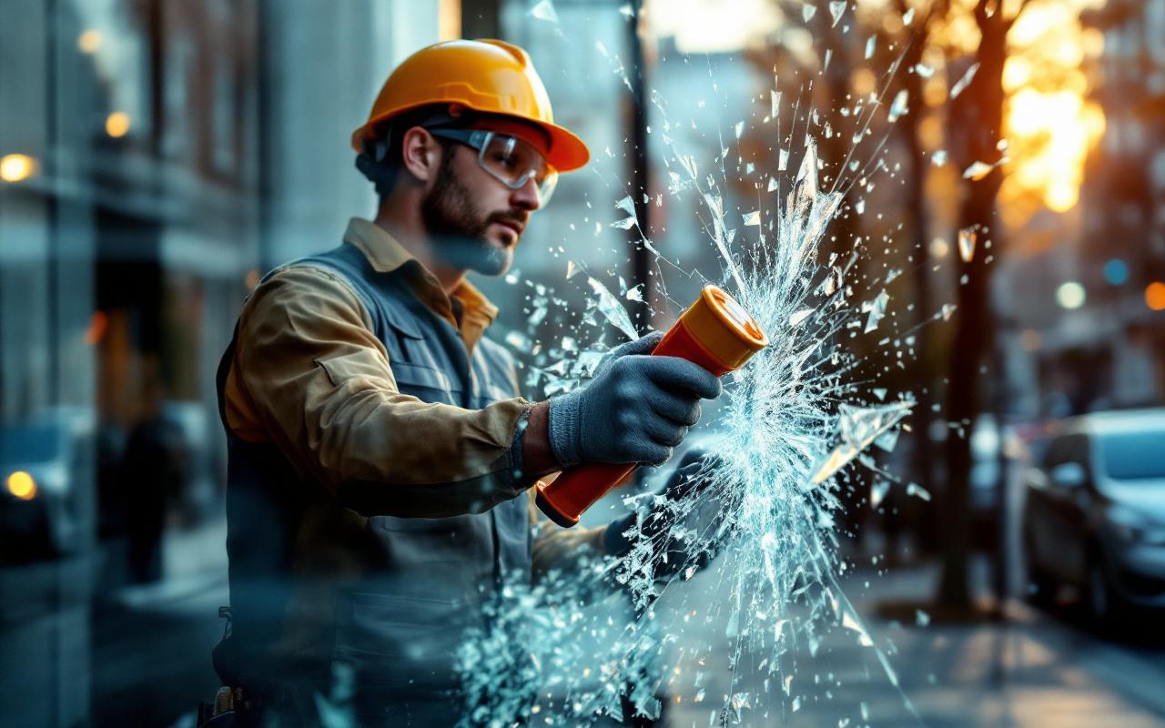 Un vitrier en tenue de travail inspecte une fenêtre en verre brisé, tenant un outil de levage et portant gants et lunettes de protection. Fragments de verre visibles sur le rebord, lumière chaude de coucher de soleil et ambiance urbaine.