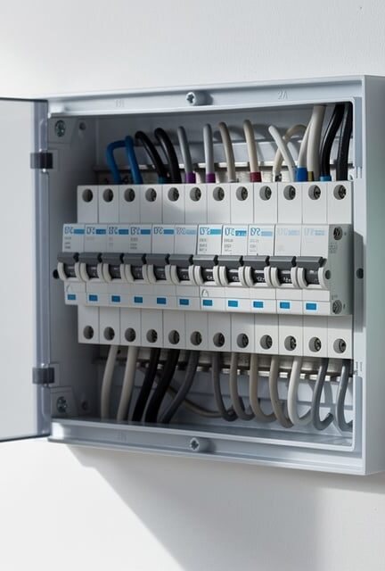 Tableau électrique français moderne avec disjoncteurs et compteur Linky