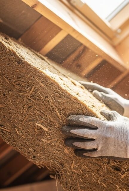 Pose de panneaux isolants en fibre de bois entre chevrons de charpente