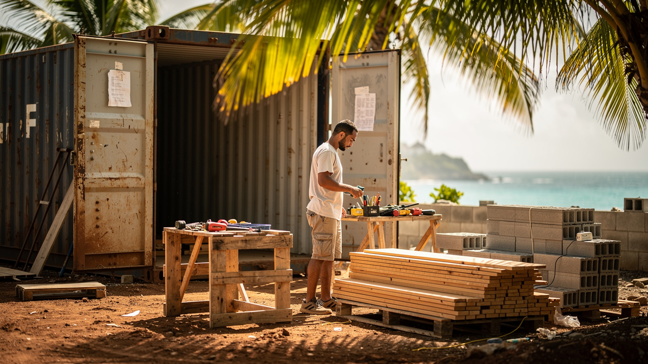 Un artisan se tient devant un conteneur ouvert sur une parcelle en Martinique, avec des outils, des palettes en bois et des matériaux de construction soigneusement entreposés.
