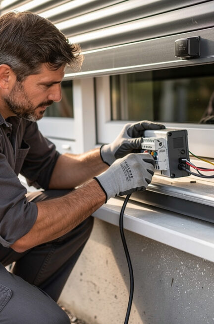 Un homme bricoleur raccorde et ajuste le mécanisme électrique d’un volet roulant, près d’une fenêtre, sous une lumière naturelle.