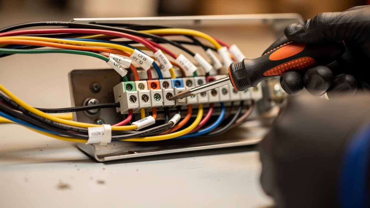 Gros plan sur le branchement d’un moteur de volet roulant : fils repérés, tournevis isolé et télécommande à proximité, ambiance atelier lumineuse et détails nets.