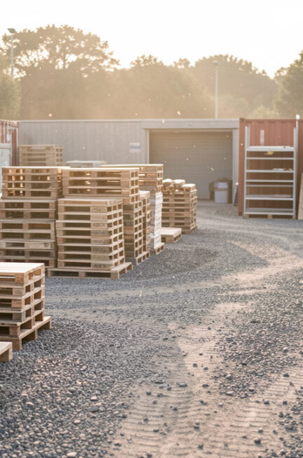 Zone de chantier organisée avec des espaces de stockage distincts, des matériaux rangés et une ambiance pratique et professionnelle.