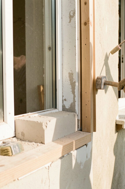 Chantier de rénovation de fenêtres dans une maison, avec outils, menuiseries et murs préparés, éclairage naturel.