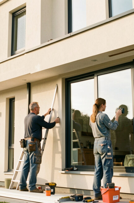 Façade d’une maison en rénovation avec fenêtres modernes et grande baie vitrée, tandis qu’un homme et une femme artisans travaillent à l’extérieur à la lumière naturelle.