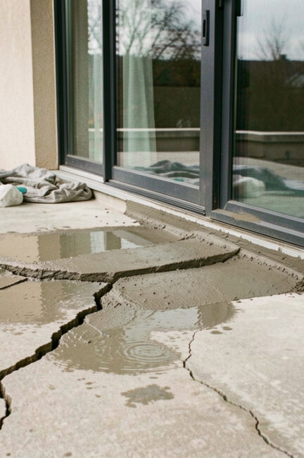 Terrasse en béton fissurée avec de l’eau de pluie devant une grande baie vitrée, en cours de réparation avant l’hiver.