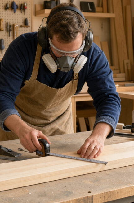 Un homme portant des lunettes de protection enveloppantes, un casque antibruit et un demi-masque respiratoire travaille devant un établi propre dans un atelier de menuiserie domestique lumineux.