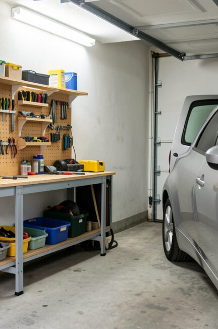 Garage étroit avec un établi pliant fixé au mur et replié pour laisser libre l’espace autour d’une voiture garée.